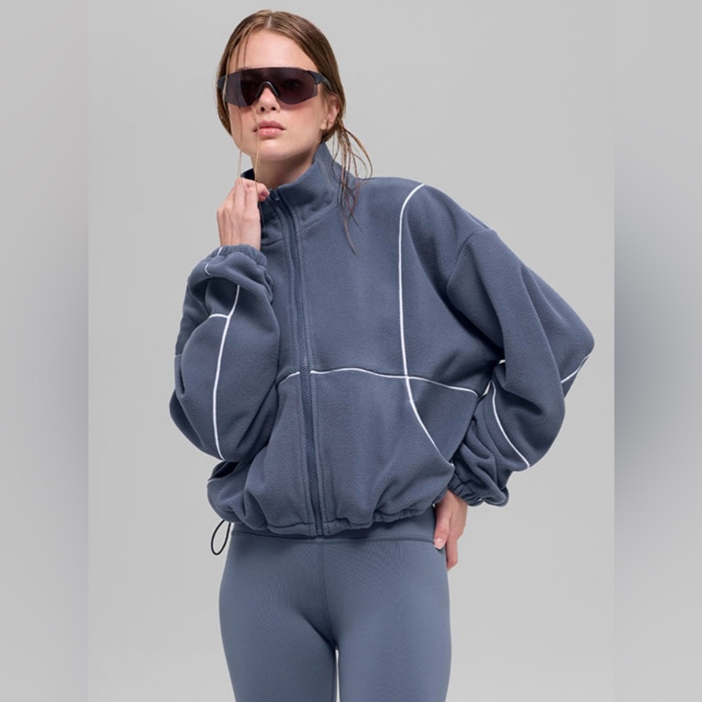 Alo Yoga NWT Polar Fleece Game Time Full Zip Jacket Blue Stone White Size M